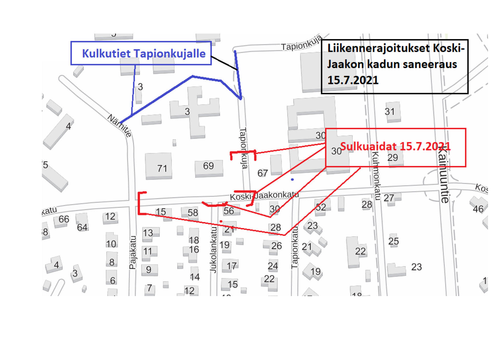 Havainnekartta liikennerajoituksista Koski-Jaakon kadun peruskorjaustyömaalla 15.7.2021 alkaen. Kulku Tapionkujalle ohjataan kiertotietä. 