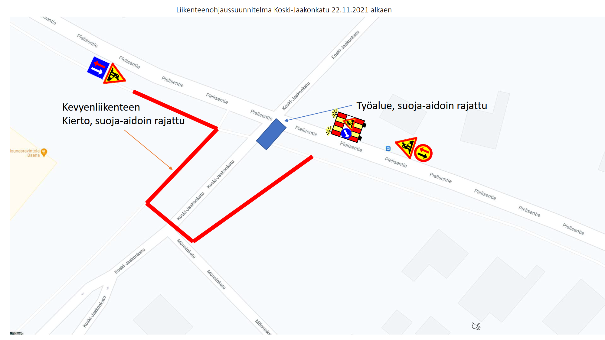 Koski-Jaakon kadun saneeraustyömaa etenee ja suljettuna ollut katualue avataan liikenteelle maanantaina 22.11.2021. Kohteessa kevyt liikenne ohjataan kiertämään työmaa-alue Mönninkadun risteyksen kautta 22. – 24.11.
