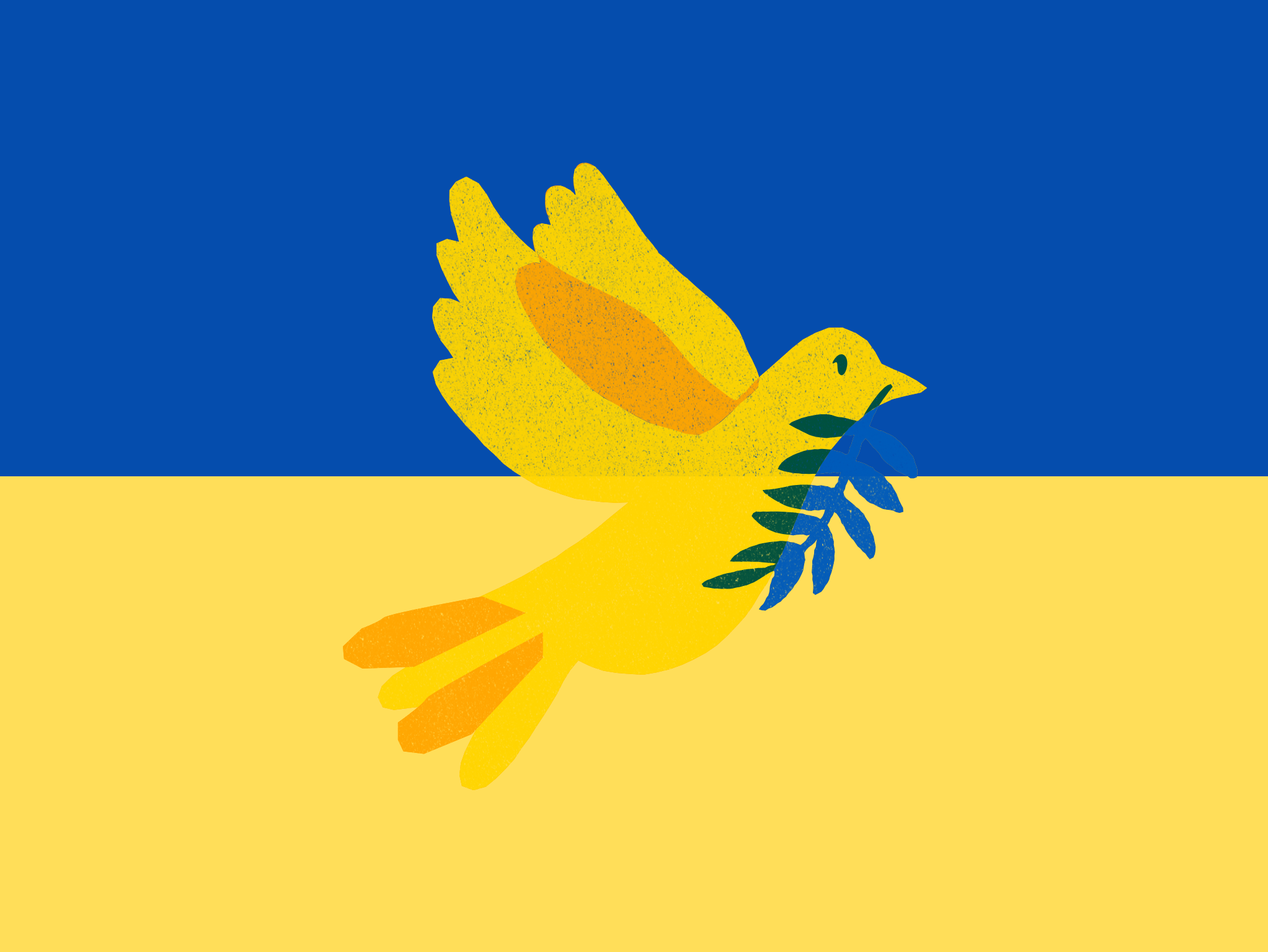 Keltainen rauhankyyhky sininen oksa nokassaan. Taustalla Ukrainan lipun värit.