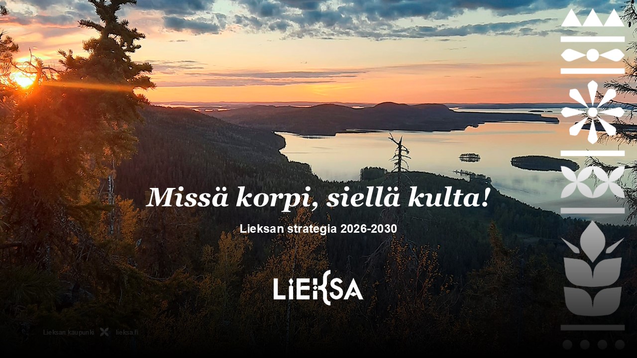 Auringonlasku vaaramaisemassa. Teksti: Missä korpi, siellä kulta! Lieksan strategia 2026-2030.