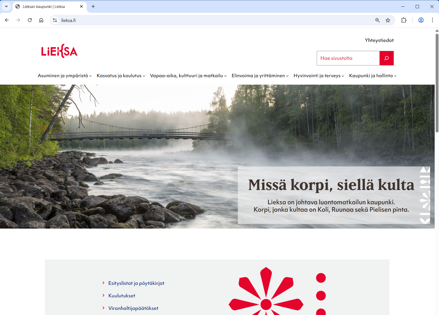 Lieksa.fi-sivuston etusivusta kuva.