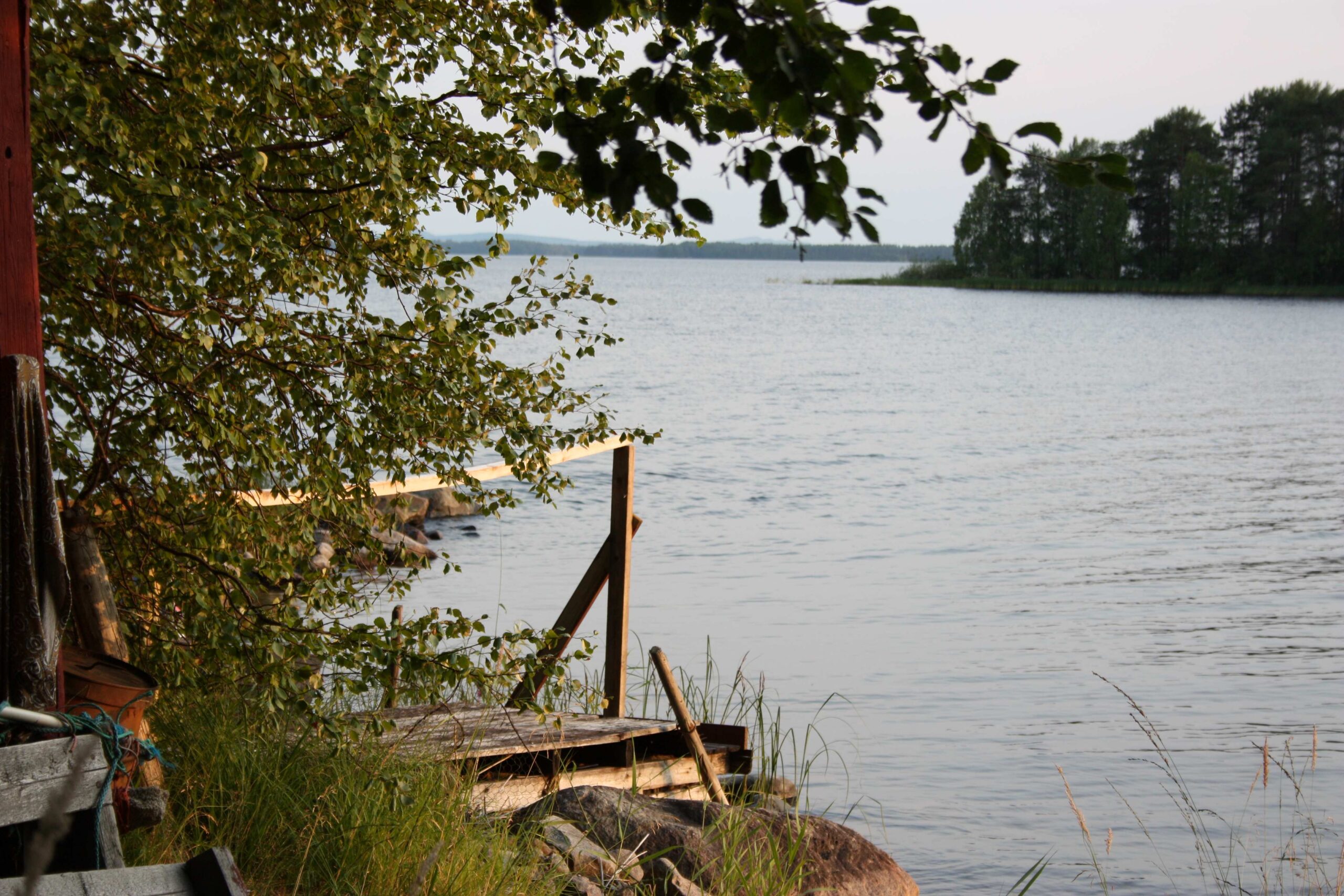 Pieni laituri järven rannassa. Vastarannalla metsää.