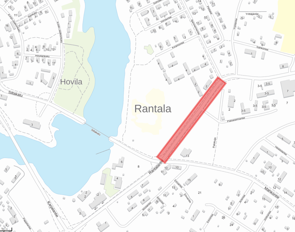 Siltatyömaan vuoksi poiskytkettyjen katuvalojen alue kartalle merkattuna.